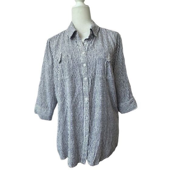 FDJ Button Down Blouse Blue White 3 / 4 Sleeve Pockets Button Tab SZ 12 - Picture 15 of 15